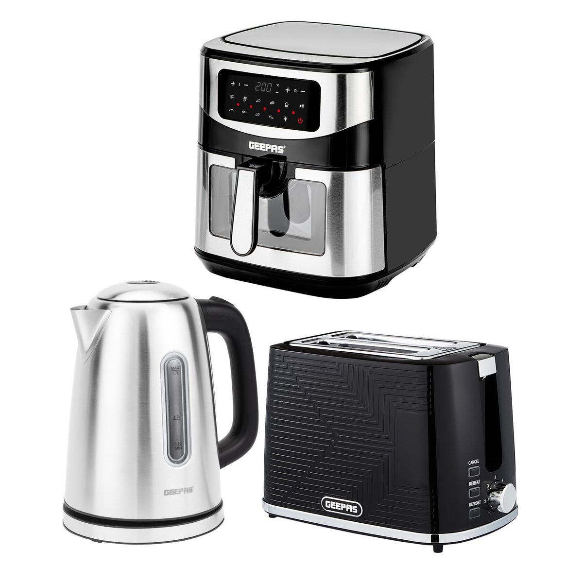 1.7L Electric Kettle, 2 Slice Bread Toaster & 9.2L Air Fryer Set