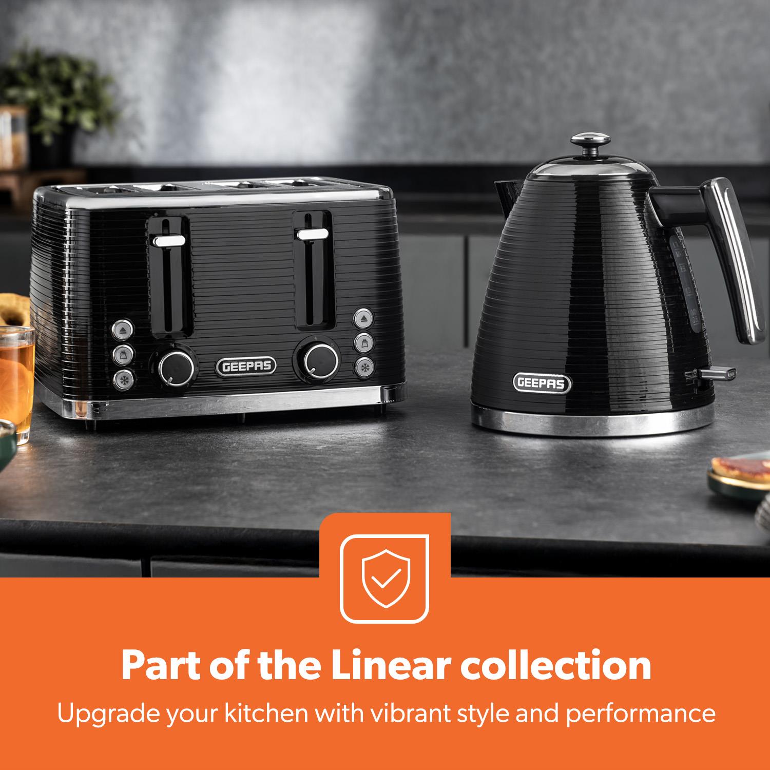 1.7L 3000W Electric Kettle & 4 Slice Toaster Kitchen Set Linear Black