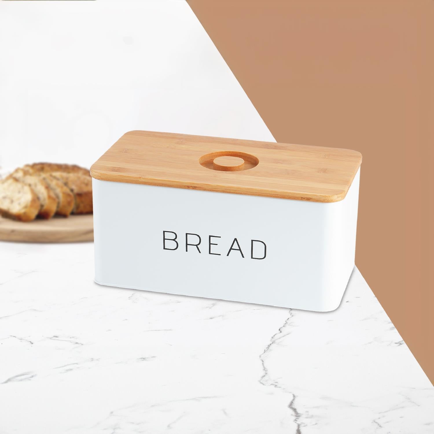 7.6L White Metal Bread Bin With Wooden Chopping Board