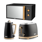 GEEPAS Scandi-style kitchen collection: Black microwave, cordless electric kettle, and wide-slot toaster with light wood effect accents.