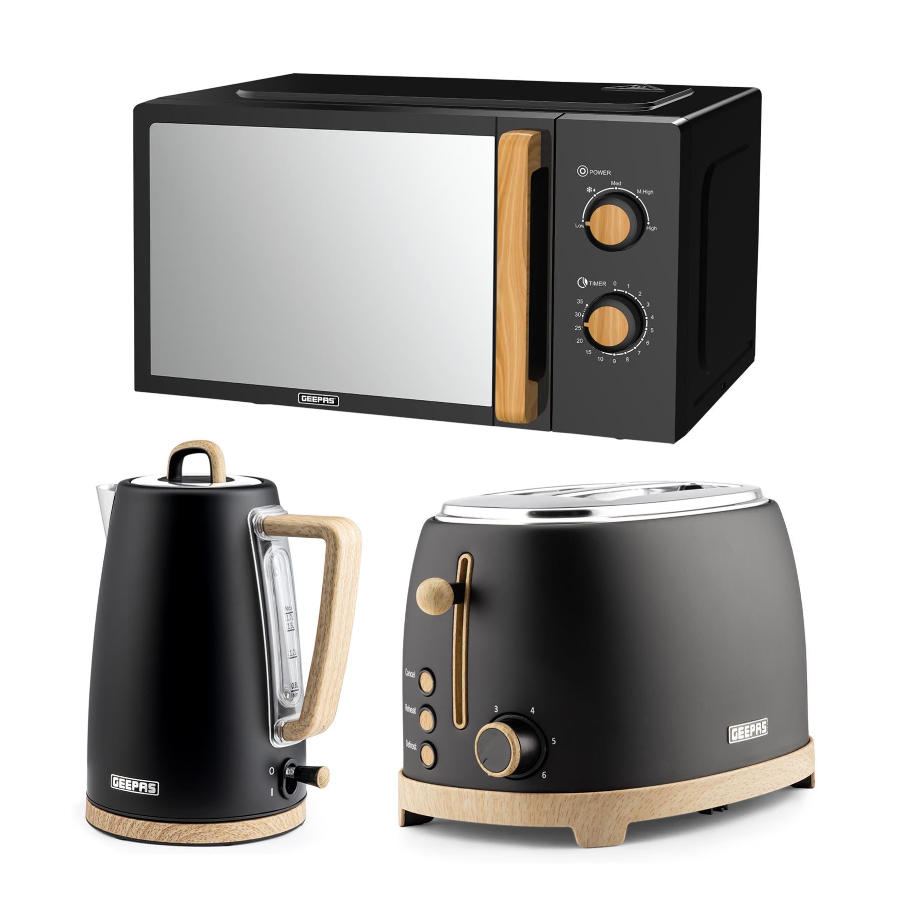 GEEPAS Scandi-style kitchen collection: Black microwave, cordless electric kettle, and wide-slot toaster with light wood effect accents.
