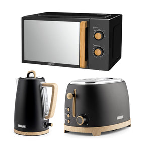 GEEPAS Scandi-style kitchen collection: Black microwave, cordless electric kettle, and wide-slot toaster with light wood effect accents.