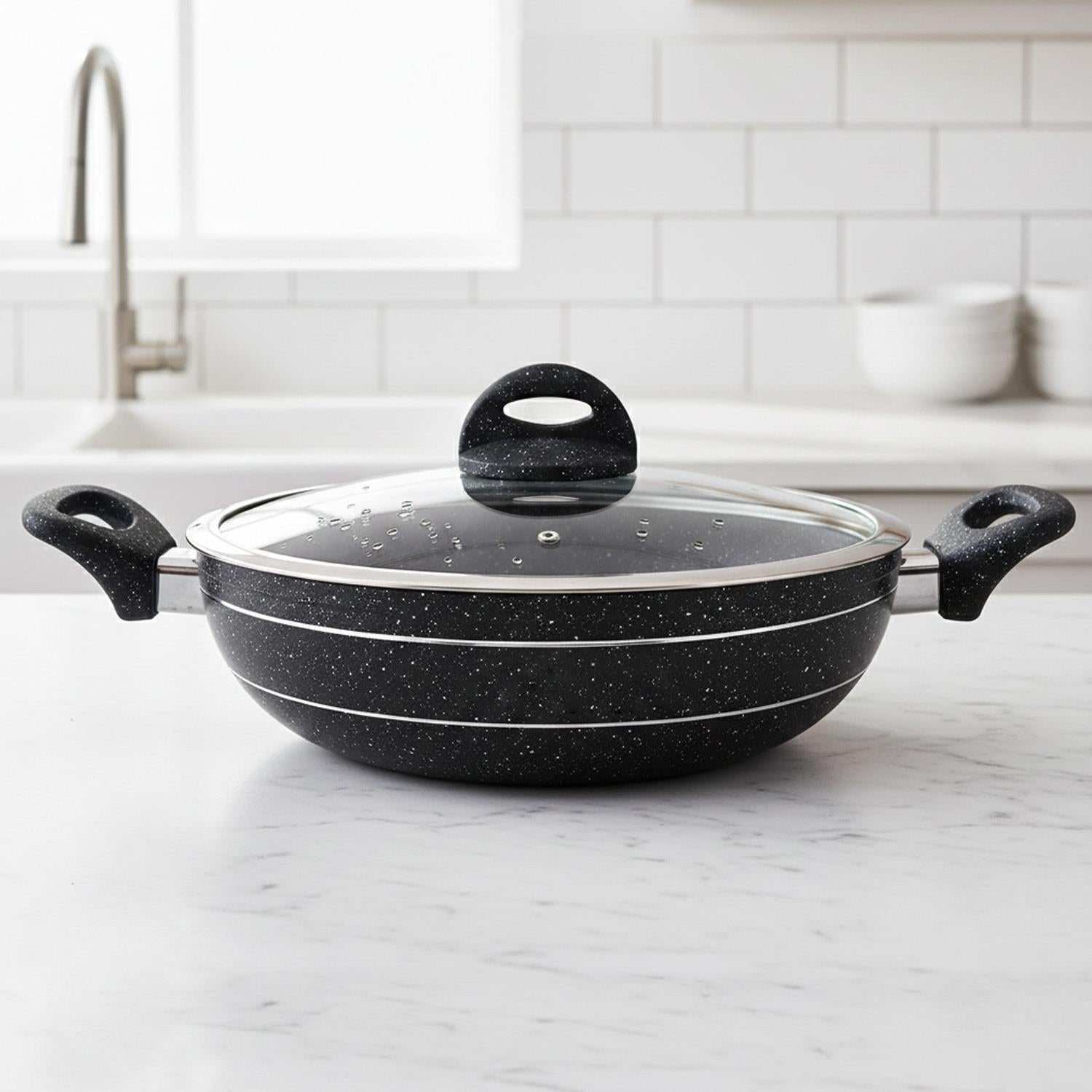 Wok Pan Frying Pan Glass Lid Non-Stick Granite Coating 26Cm