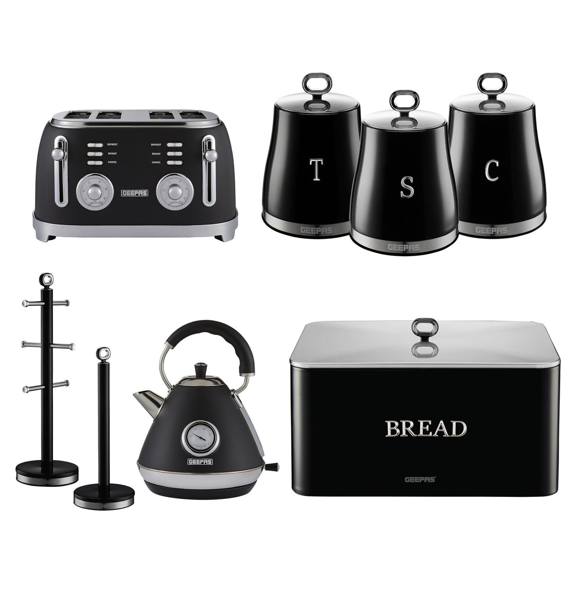 Black Retrovive Kettle, 4-Slice Toaster, 3 Canister Set, Bread Bin Mug Tree & Towel Pole