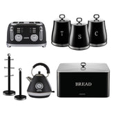 Black Retrovive Kettle, 4-Slice Toaster, 3 Canister Set, Bread Bin Mug Tree & Towel Pole