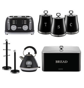 Black Retrovive Kettle, 4-Slice Toaster, 3 Canister Set, Bread Bin Mug Tree & Towel Pole