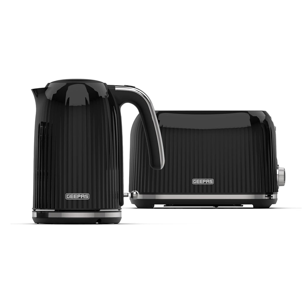 Geepas Fluted 1.7L Electric Kettle Two Slice Toaster In Black