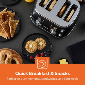 Black Retrovive 4 Slice Bread Toaster 6 Browning Levels 1500W
