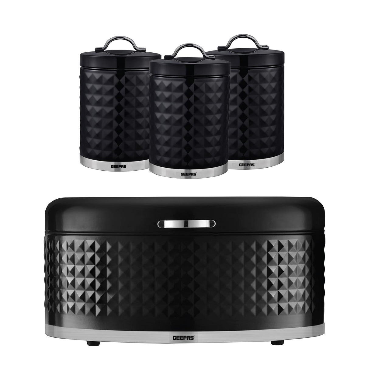 4Pc Tea Coffee Sugar Canister 1.3L & 9L Bread Bin Set Argyle Black