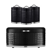 4Pc Tea Coffee Sugar Canister 1.3L & 9L Bread Bin Set Argyle Black