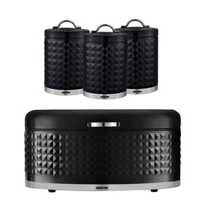 4Pc Tea Coffee Sugar Canister 1.3L & 9L Bread Bin Set Argyle Black