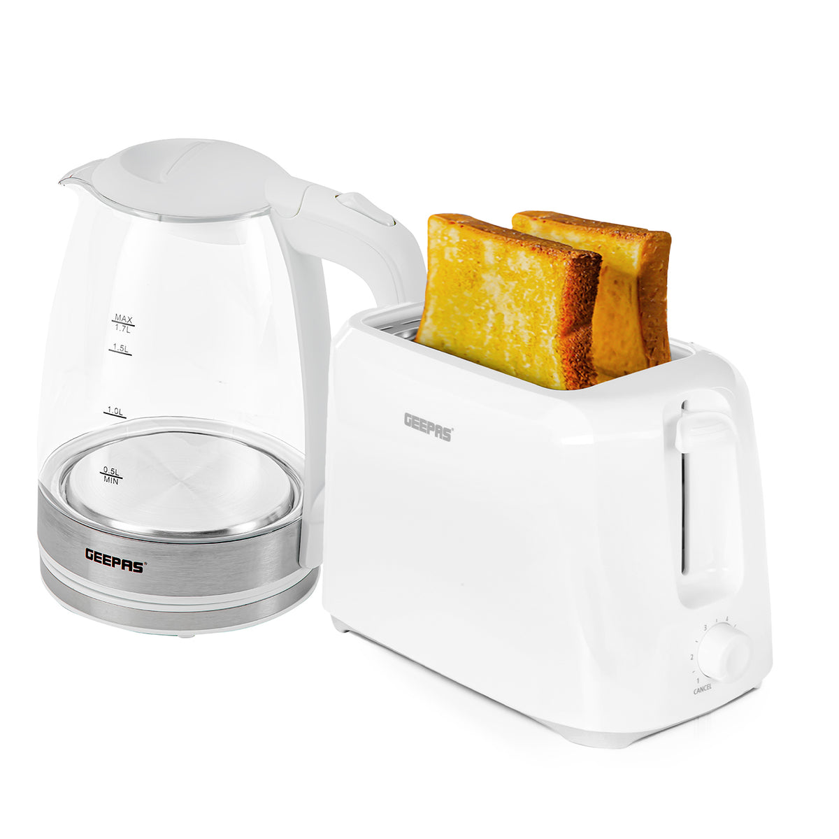 1.8L White Glass Kettle and White Two-Slice Toaster Set