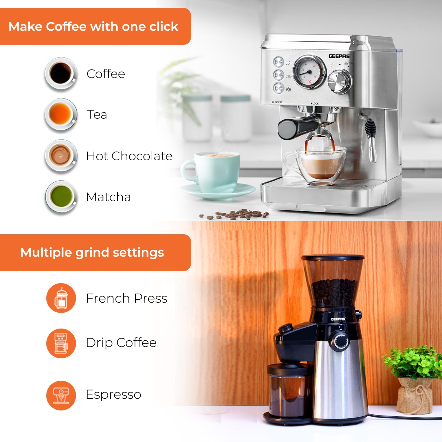 15 Bar Espresso Coffee Machine & Burr Coffee Grinder Set