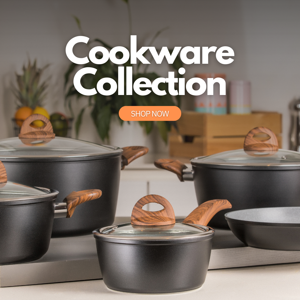 A premium 5 piece wooden cookware set on top of a kitchen countertop