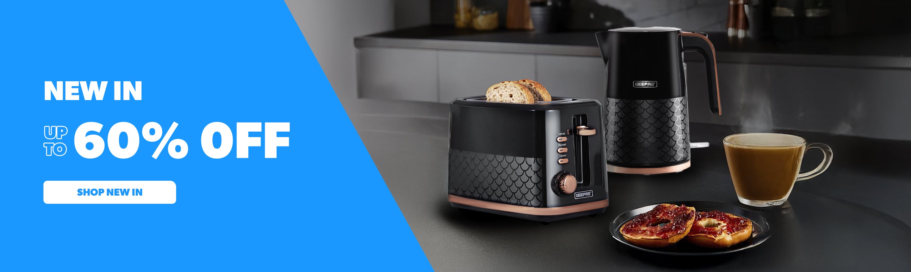 The image shows off the new Geepas aurora kettle and toaster set on top of a kitchen countertop with a cup of coffee and two slices of toast besides it.