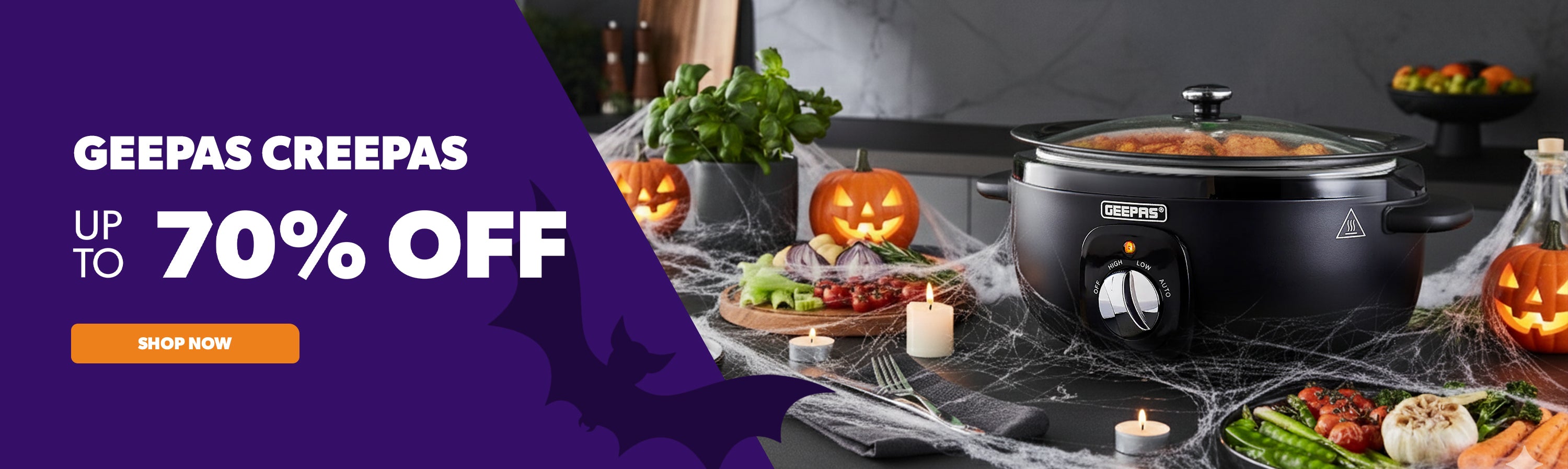 Geepas creepas halloween sale promotional banner showing off the black slow cooker on top of a kitchen countertop.