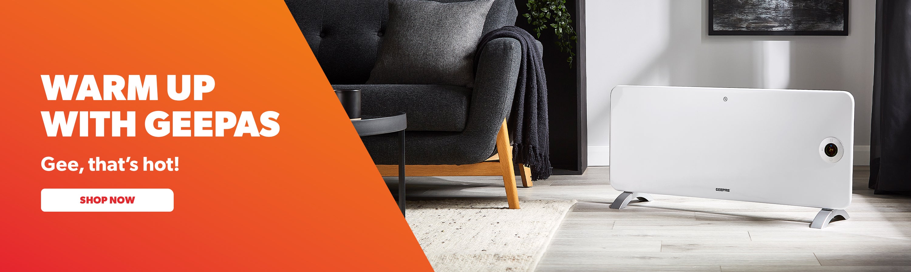 Geepas radiator with promotional text on an orange background