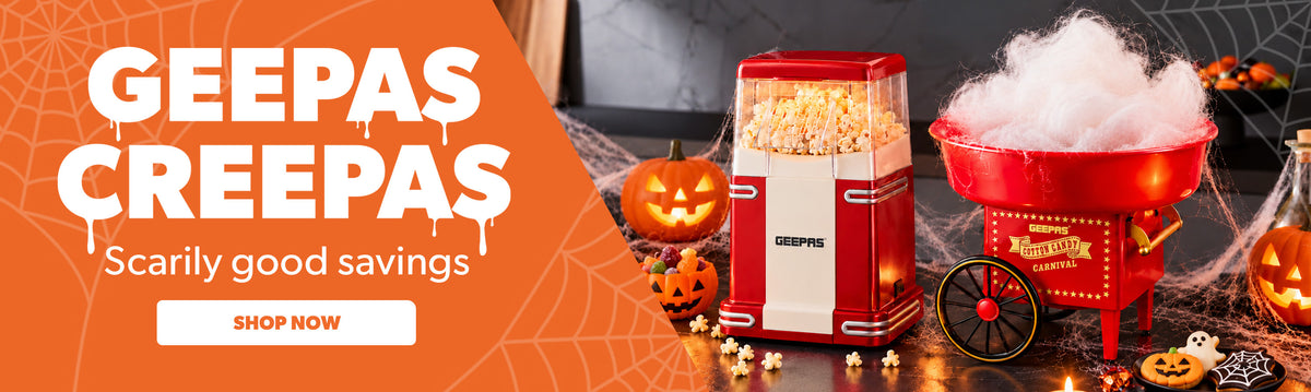 Promotional banner for GEEPAS CREEPAS featuring a red and white popcorn machine and a red Halloween cart filled with cotton candy, alongside jack-o'-lanterns and spooky decorations, with large orange text reading 'GEEPAS CREEPAS' and a 'SHOP NOW' button.
