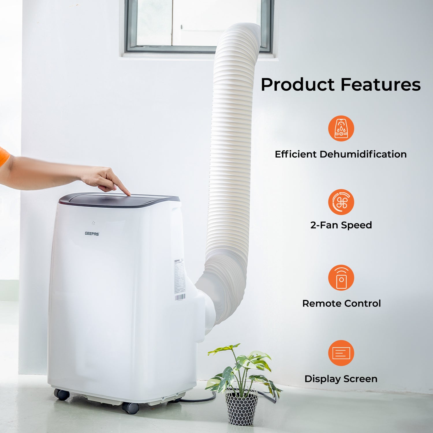 Image shows off the four main features of the small portable air conditioning unit, the air conditioning unit features a dehumidifier, two cooling fan speeds, remote controlled operation and a digital display screen.