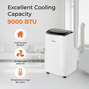 The 9000 BTU portable air conditioning unit with dehumidifier has a cooling are of 215.sq.ft with a 400m3/h air flow rate.