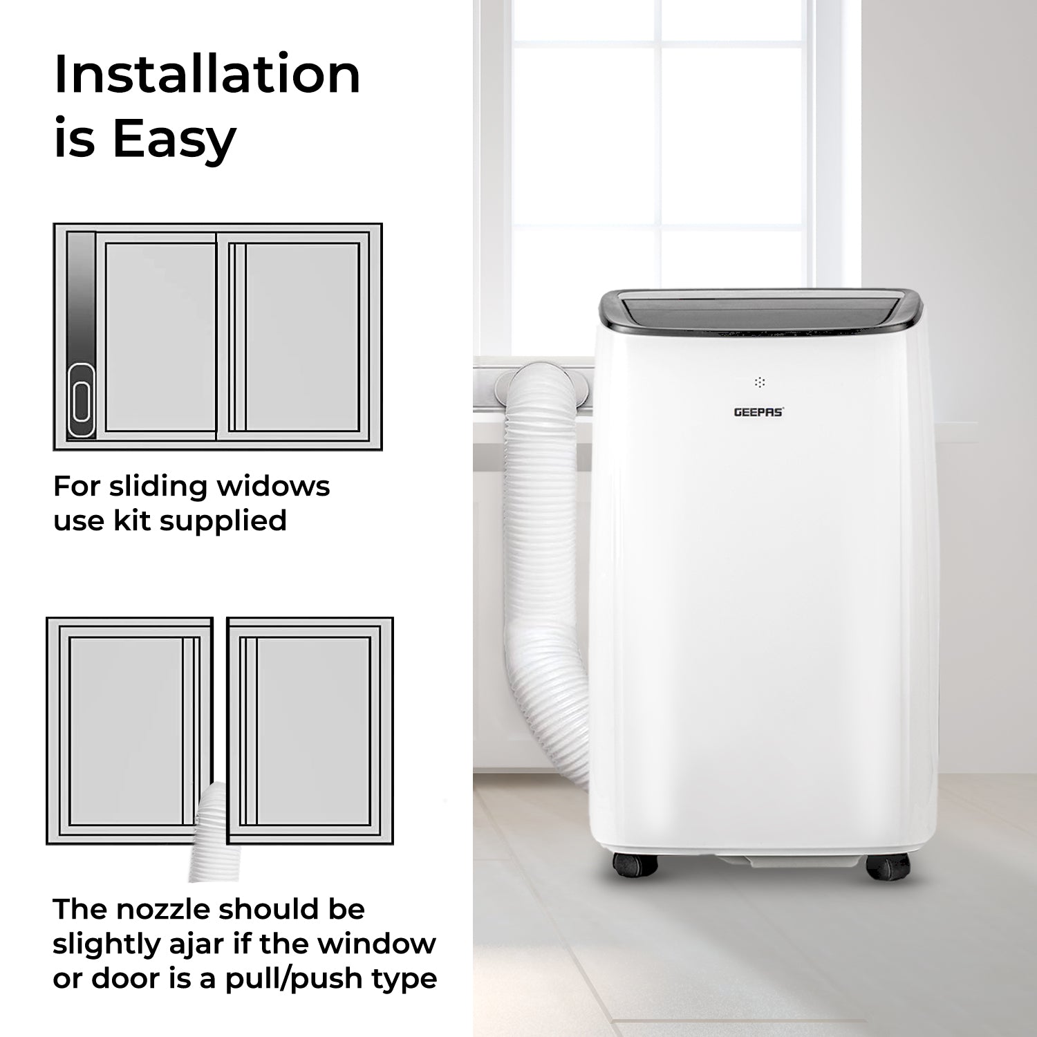 This image shows off the super simple installation process of the portable air conditioning unit using the window venting kit.