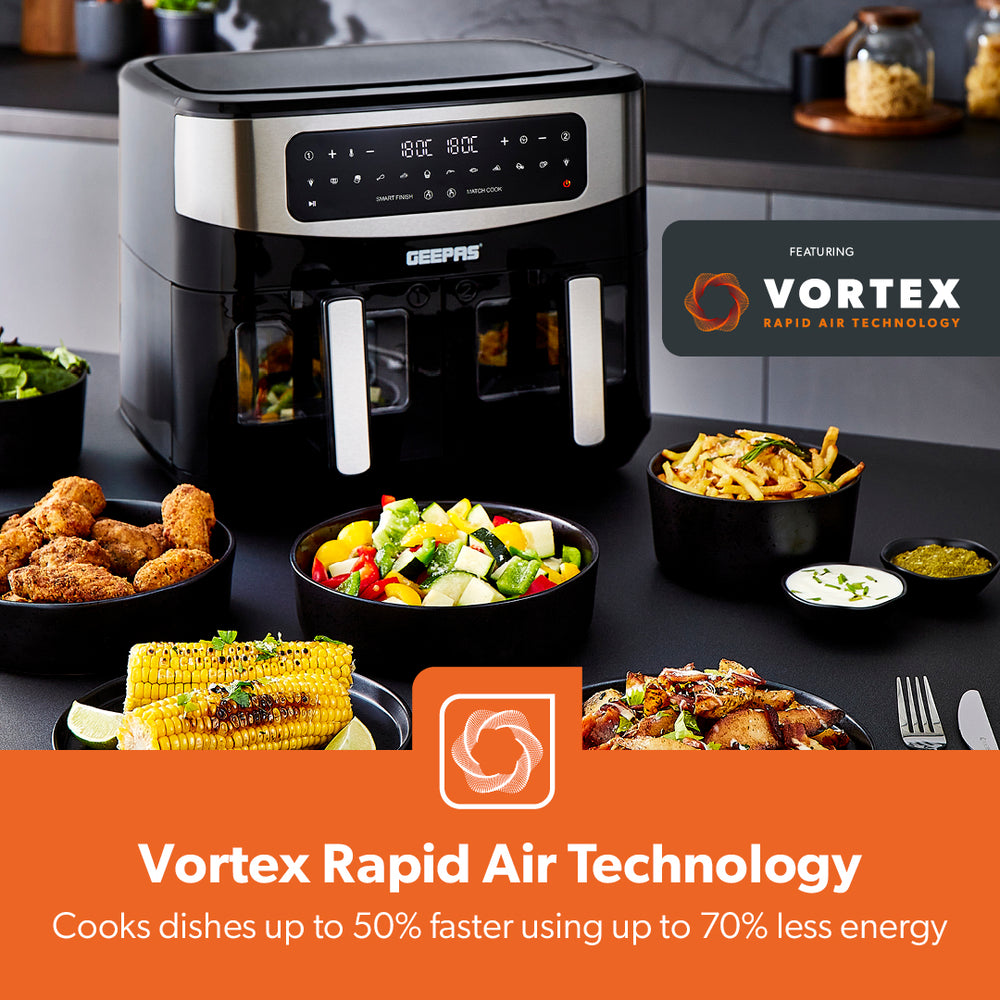 9L Rapid Digital Vortex Dual Air Fryer + Free Recipe Book | Geepas UK
