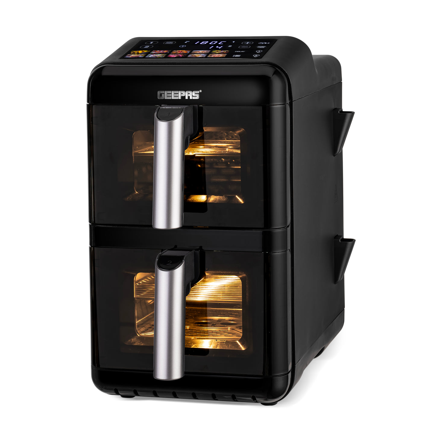 Black Geepas dual-stack vertical air fryer with digital display on a white background
