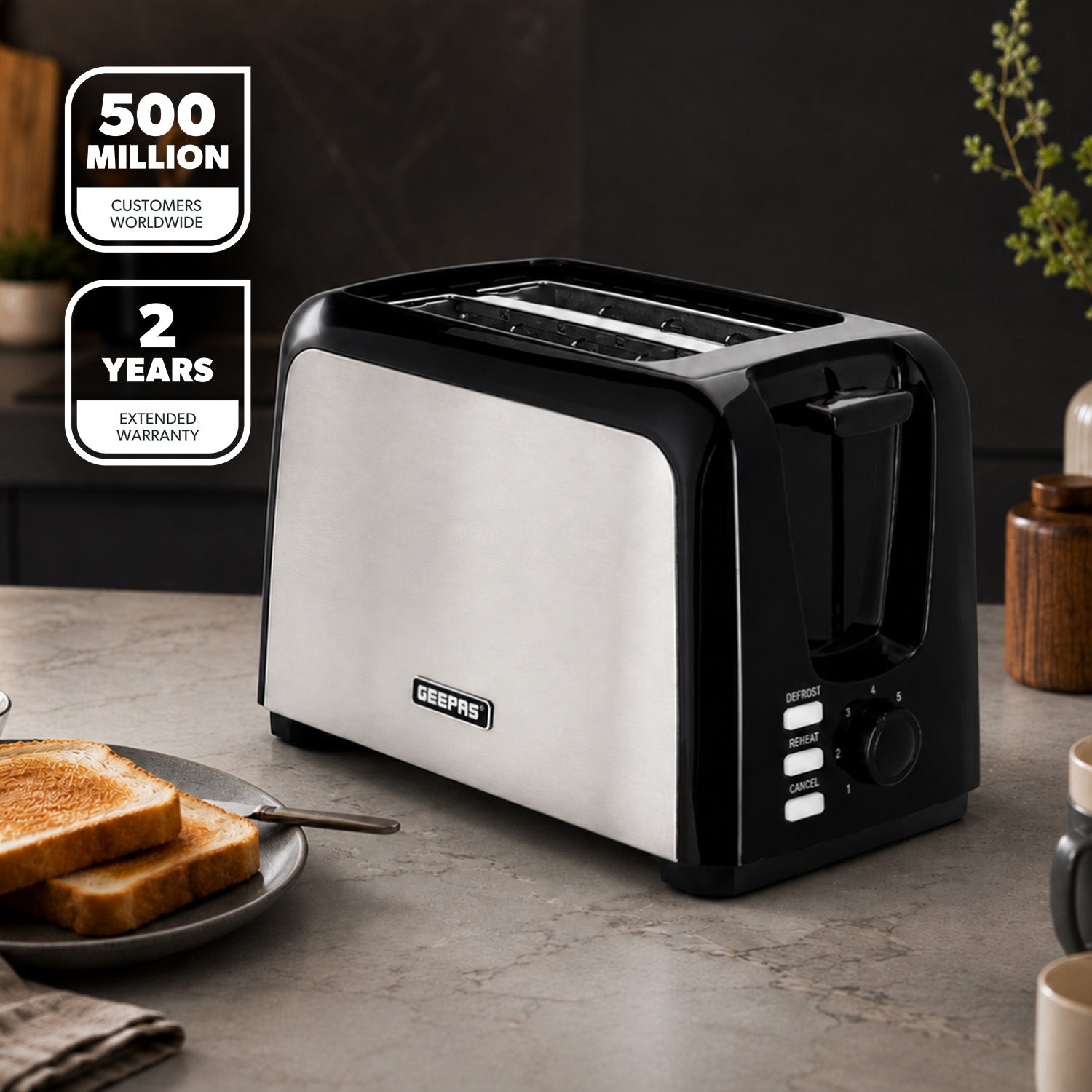 2-Slice Silver Toaster with 7 Browning Levels, 750W