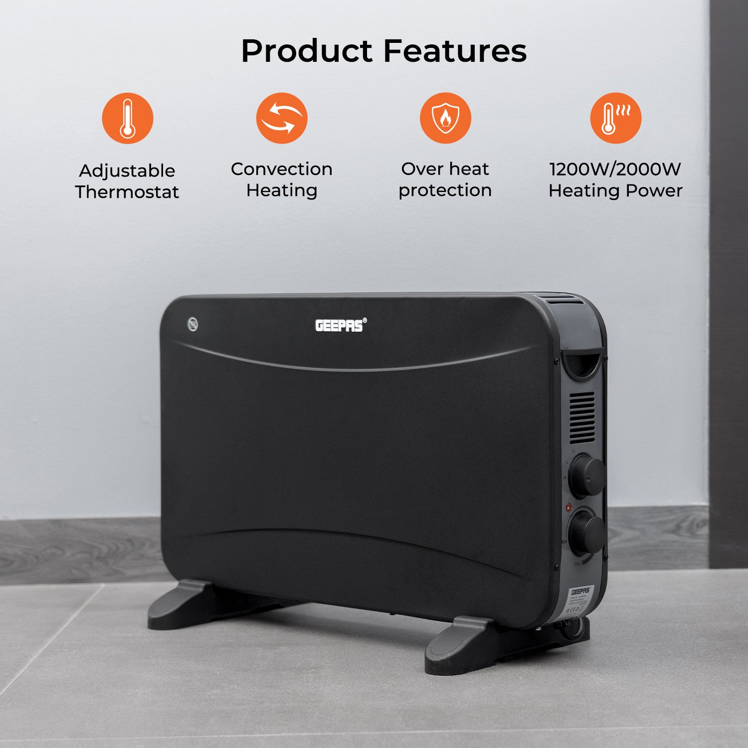 2000W Black Freestanding Convector Heater With Thermostat