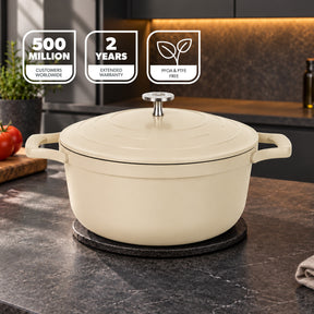 24cm Cream Die-Cast Casserole Pot with Lid Ceramic-Coated Cookware 4.4L