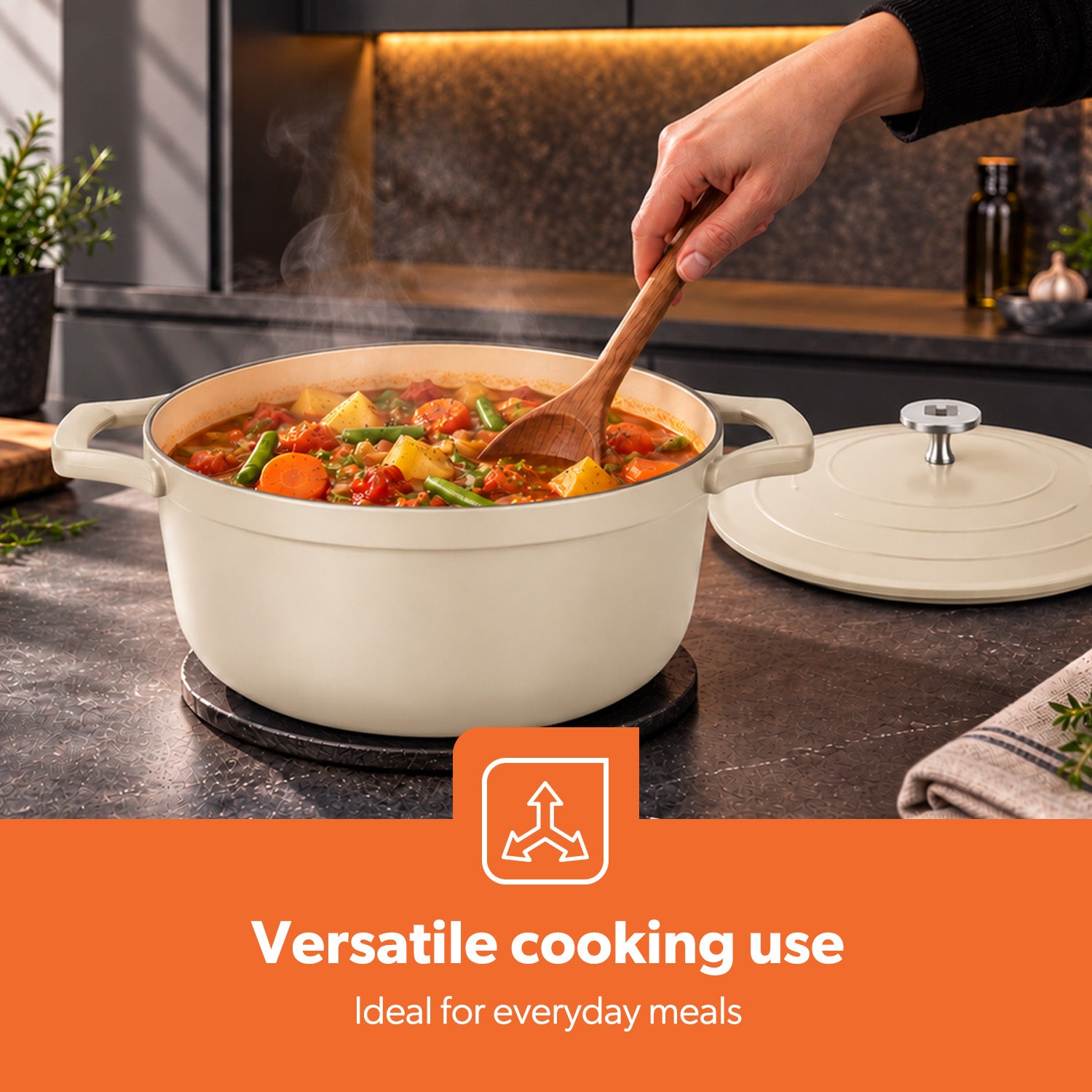 24cm Cream Die-Cast Casserole Pot with Lid Ceramic-Coated Cookware 4.4L