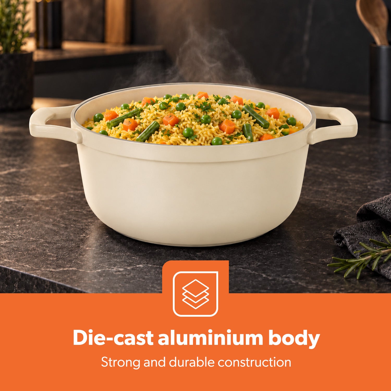 24cm Cream Die-Cast Casserole Pot with Lid Ceramic-Coated Cookware 4.4L