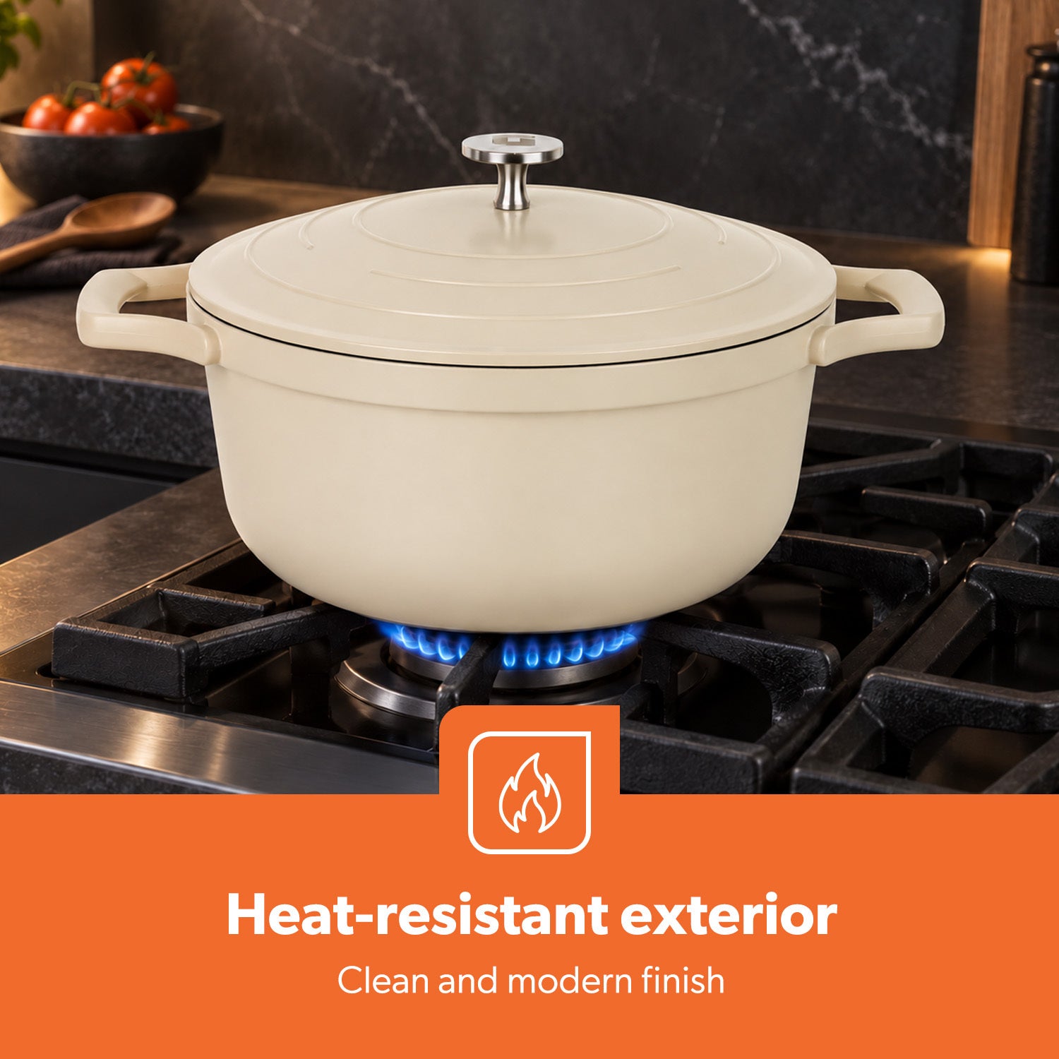 24cm Cream Die-Cast Casserole Pot with Lid Ceramic-Coated Cookware 4.4L