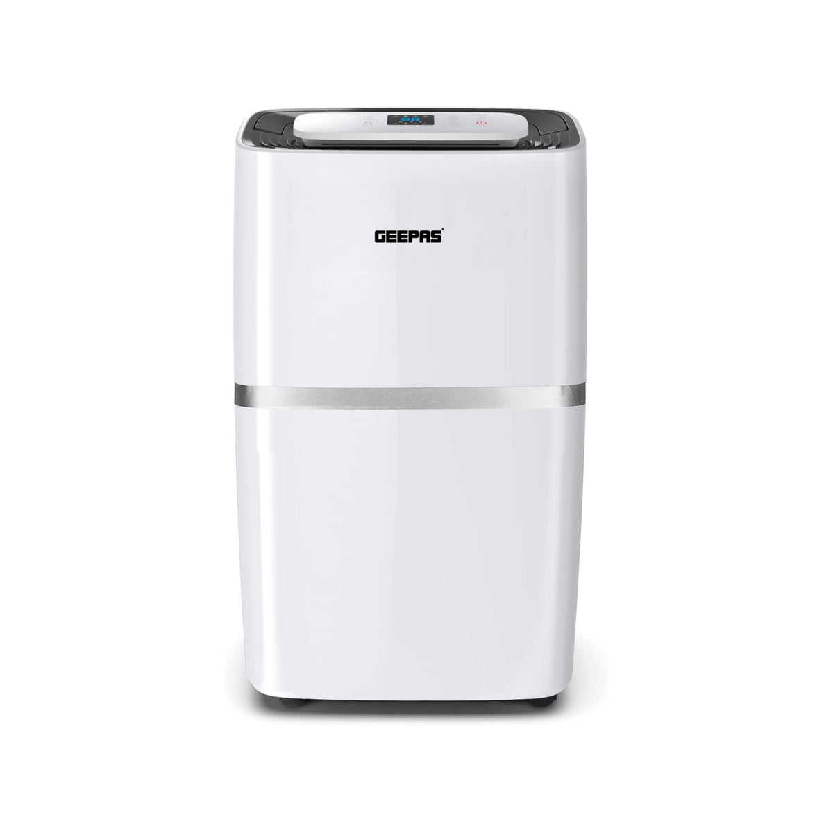 A white background image showing off the Geepas 20L home dehumidifier. The dehumidifier has multiple popular options such as laundry mode.