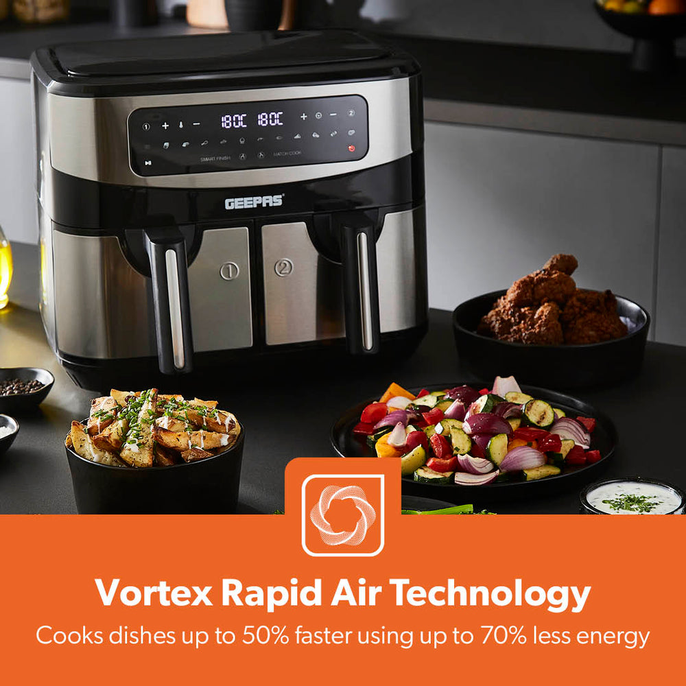 Vortex Basket 10-In-1 Healthy Digital Vortex Dual Basket Air Fryer 9L | Geepas UK
