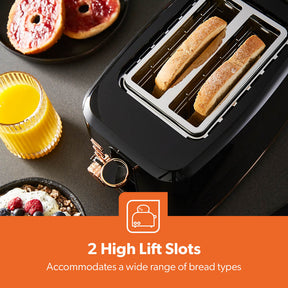 Aurora 2-Slice Black and Rose Gold Bread Toaster 7 Browning Levels