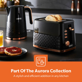 Aurora 2-Slice Black and Rose Gold Bread Toaster 7 Browning Levels