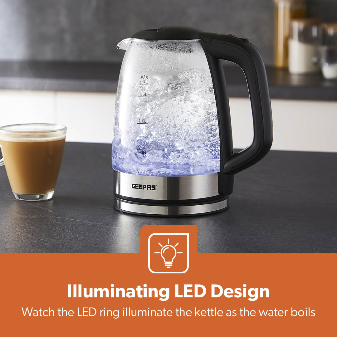 1.7L Black Rapid Boil Glass Electric Kettle With LED