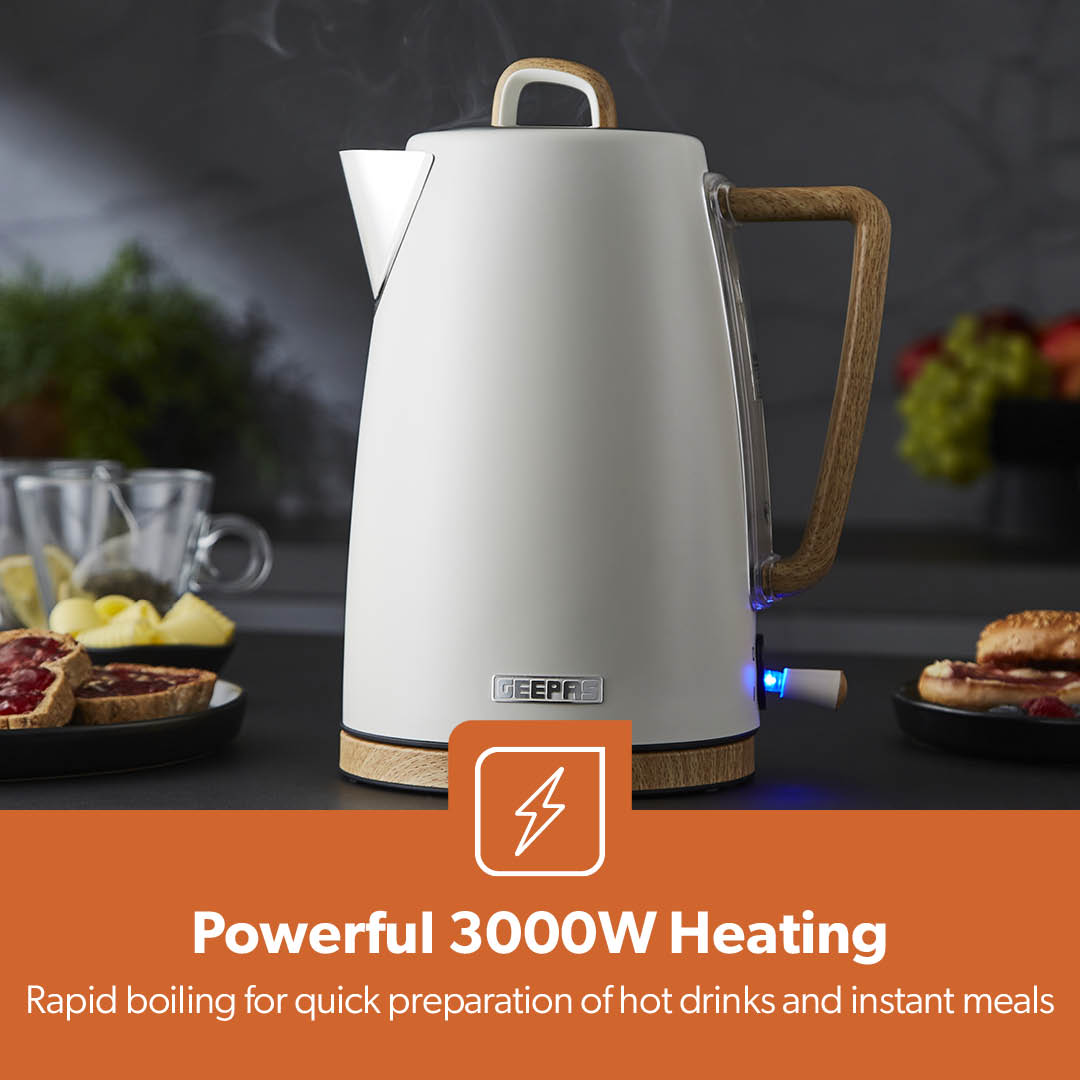 NordiQ Cream and Wooden 4-Slice Toaster & 1.7L Electric Kettle