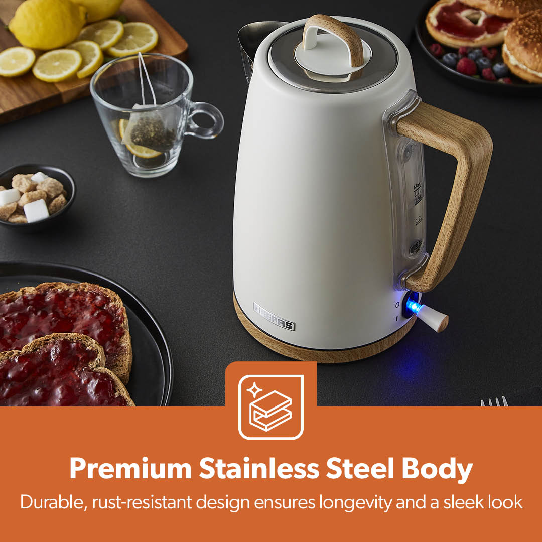 NordiQ Cream and Wooden 4-Slice Toaster & 1.7L Electric Kettle