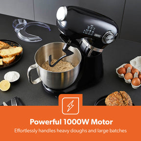 1000W Black Stand Mixer With 5L Bowl - 12-Speed With Beater & Dough Hook