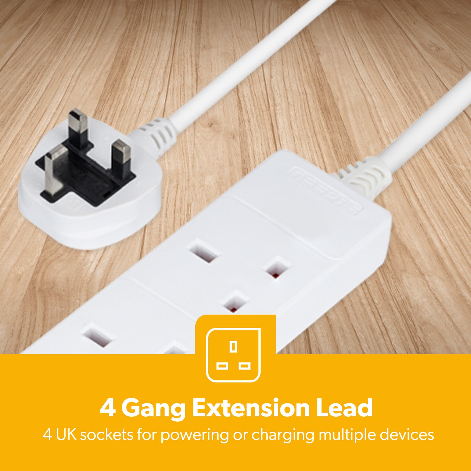 4 Gang Extension Lead With 5M Cables UK Plug 13A White