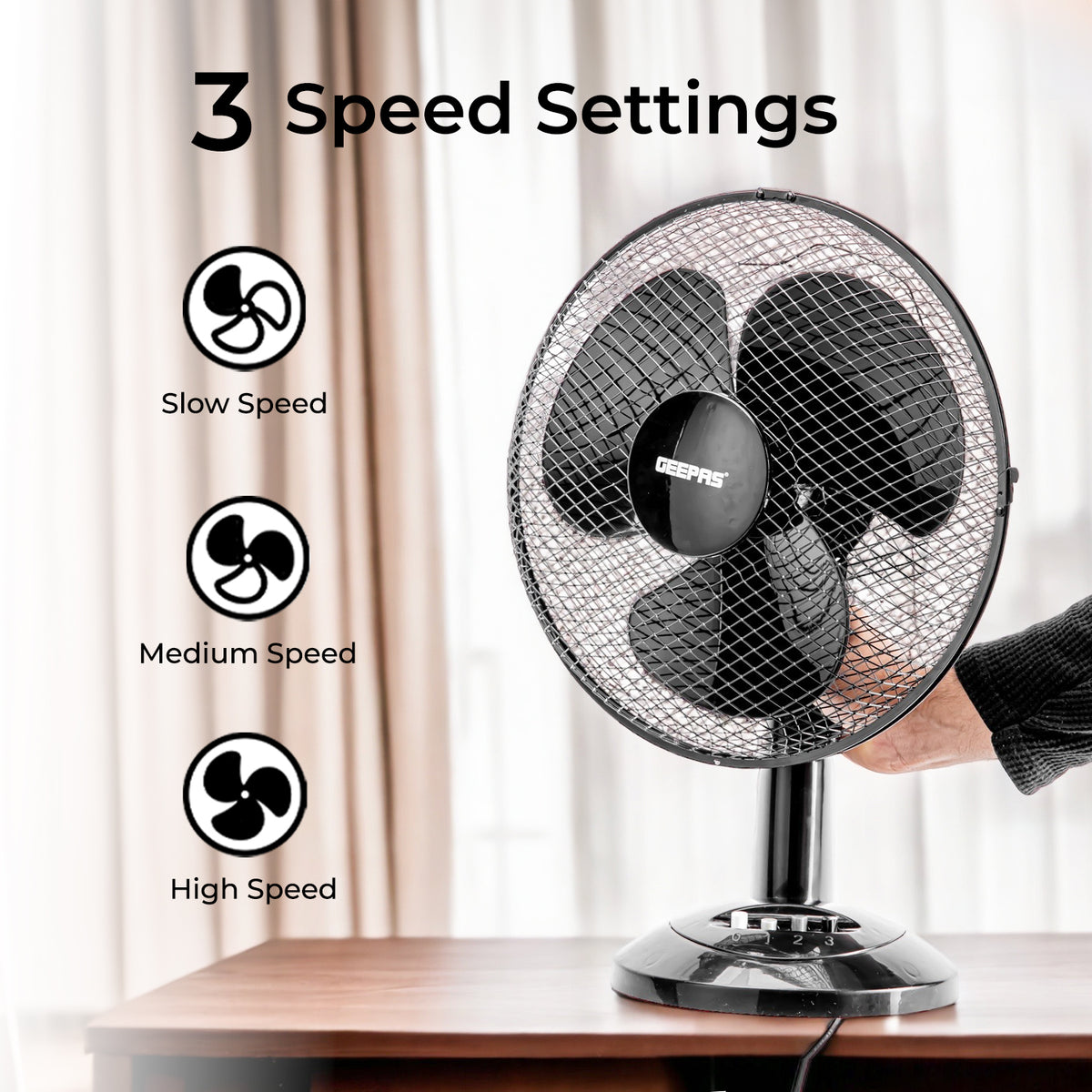 Portable 12-Inch Black Table Fan with 3 Speed Settings | Geepas UK