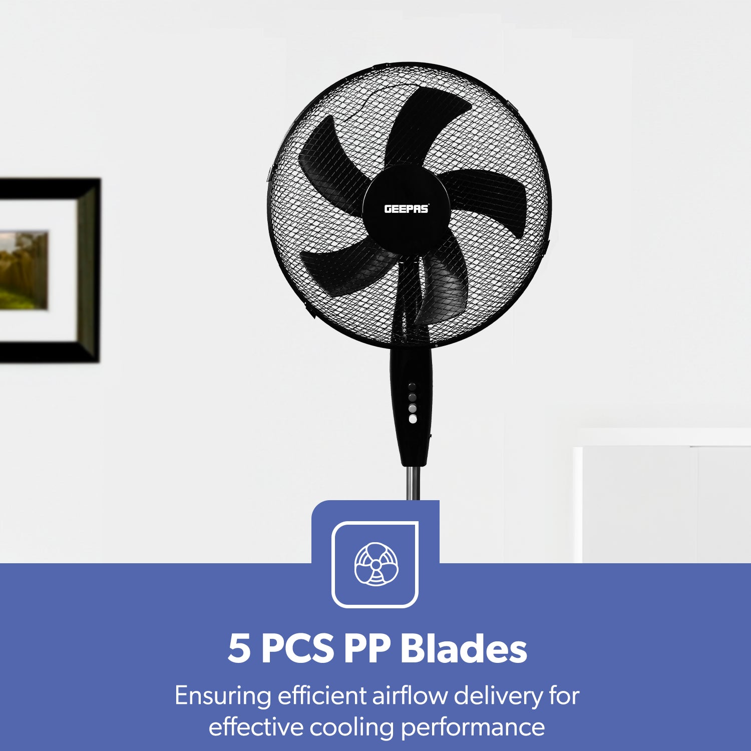 16-Inch 5-Blade Pedestal Fan - Adjustable Height, Oscillating, Black