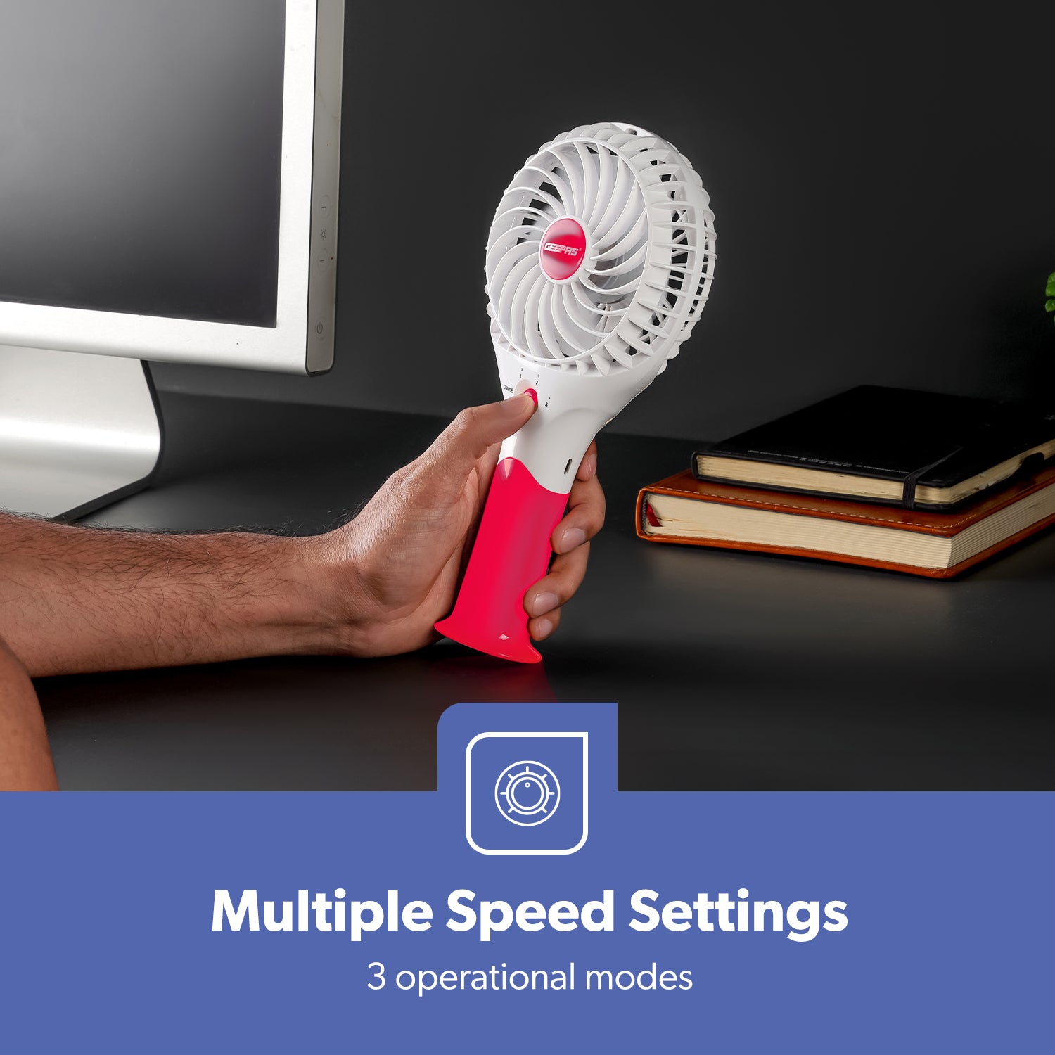 Pink Three-Speed Rechargeable Handheld Fan