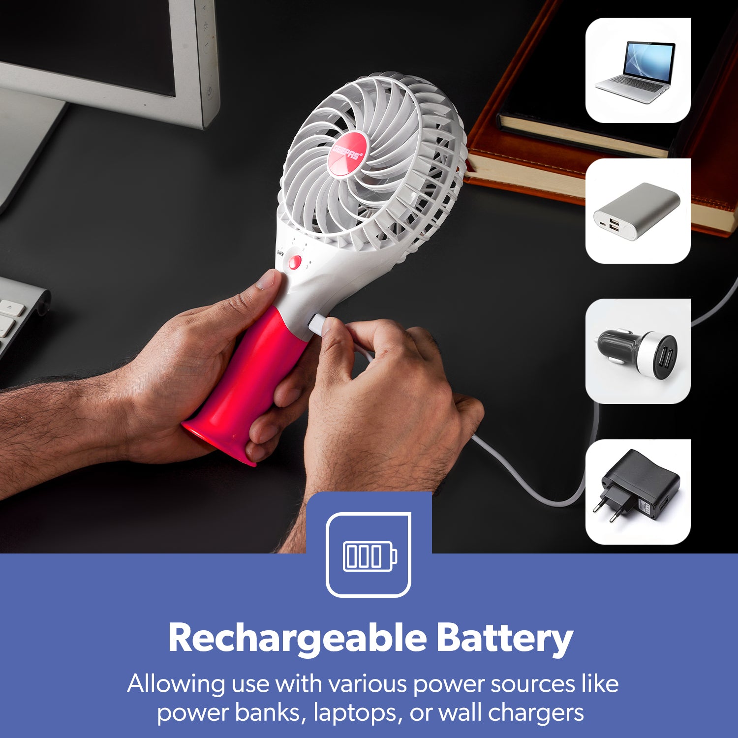 Pink Three-Speed Rechargeable Handheld Fan