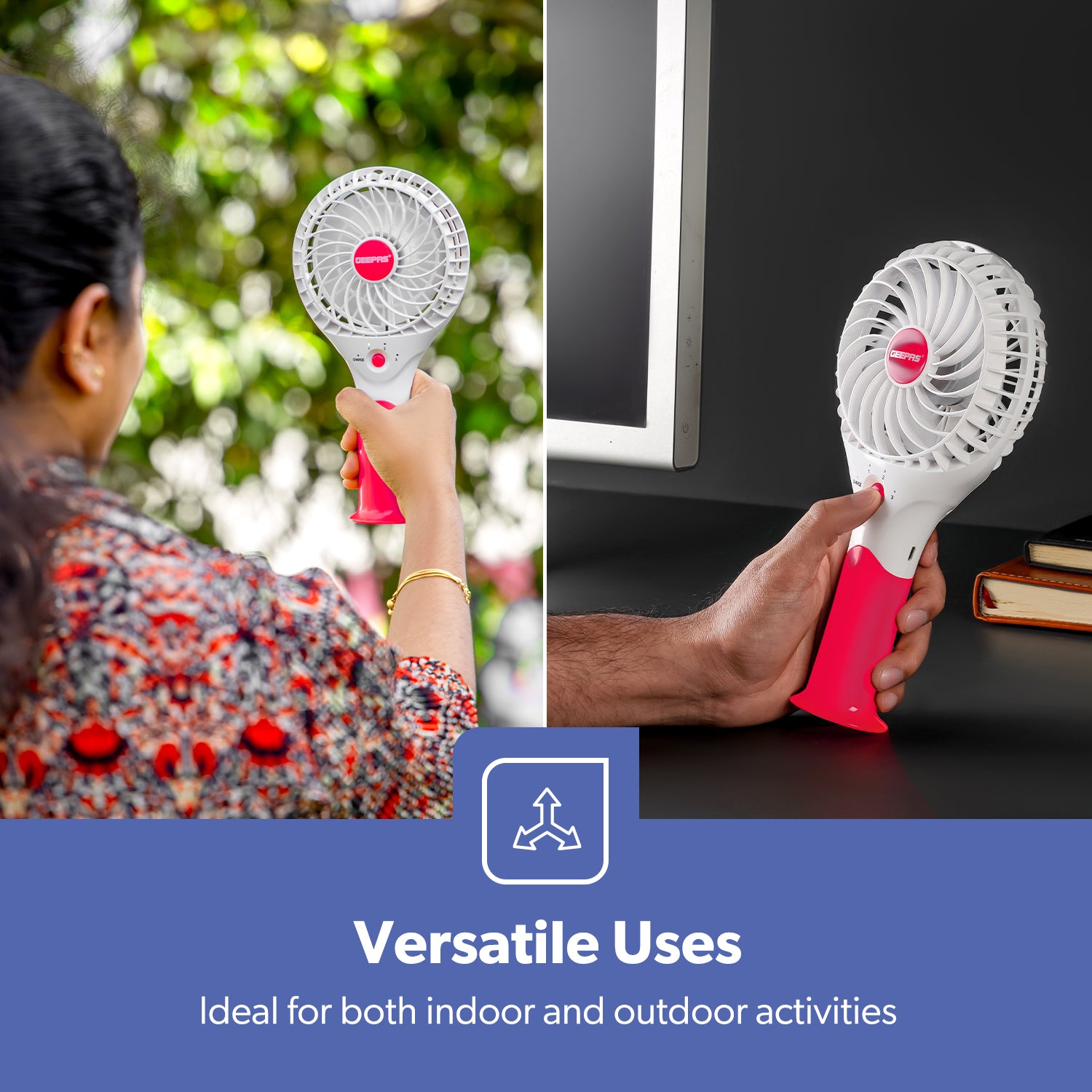 Pink Three-Speed Rechargeable Handheld Fan