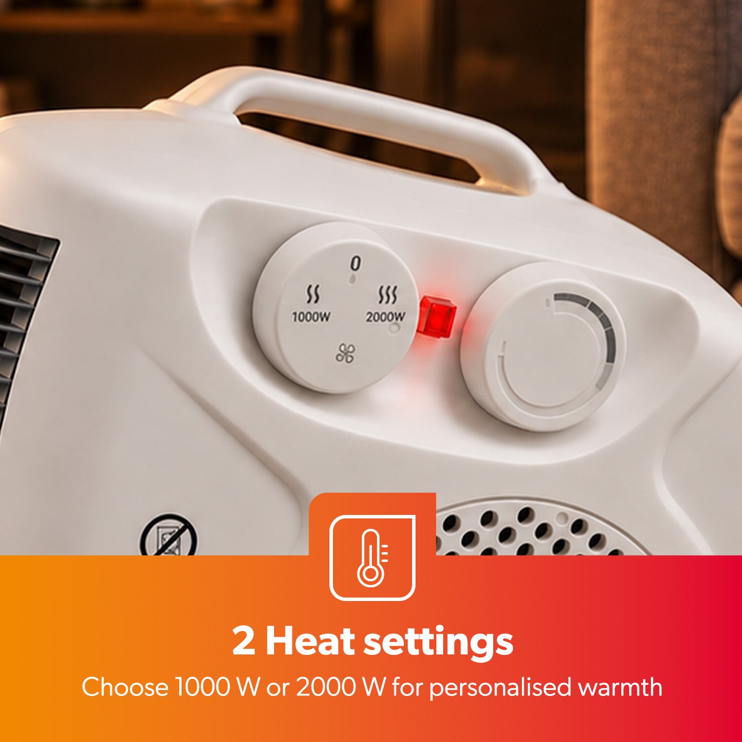 Close-up of a white electric heater showing two control dials, one illuminated red, with an orange-to-red gradient text banner at the bottom reading '2 Heat settings' and 'Choose 1000 W or 2000 W for personalised warmth'.