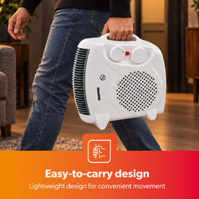 A person in jeans carries a compact white portable heater with a handle and vented front panel in a home interior. Text at the bottom reads 'Easy-to-carry design' and 'Lightweight design for convenient movement.