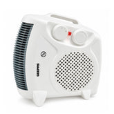 A compact white portable heater with a vented front grille, dual control knobs, and a small red switch, shown on a clean white background.